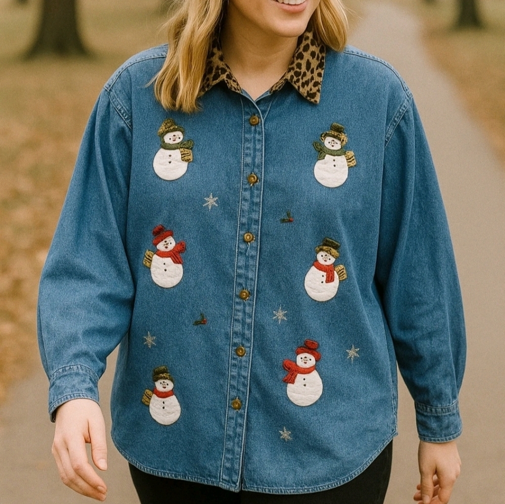 Casey & Max Denim Shirt Womens Small Blue Embroidered Snowman Christmas Holiday